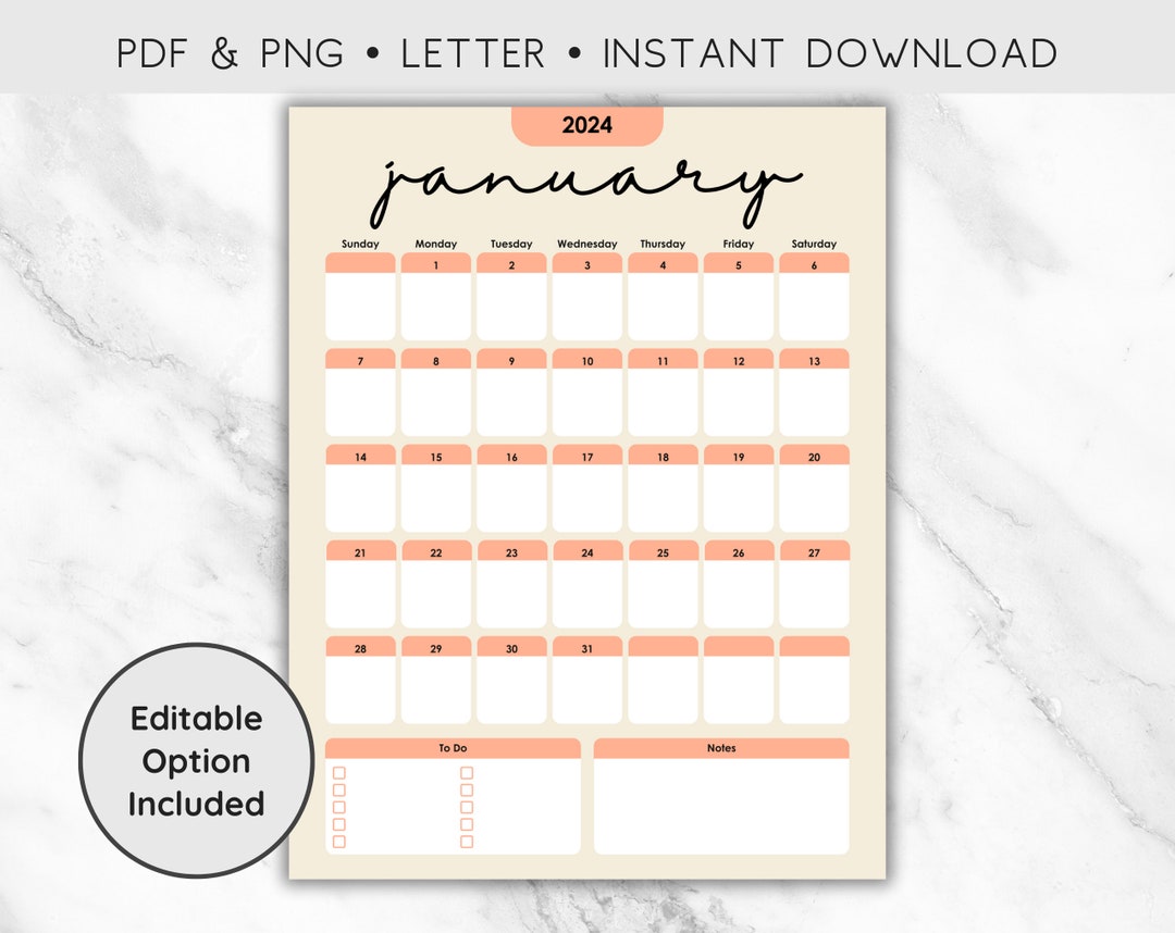Editable January 2024 Calendar Printable, Preppy January 2024 Printable ...
