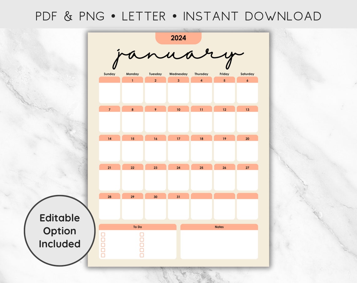 Editable January 2024 Calendar Printable, Preppy January 2024 Printable