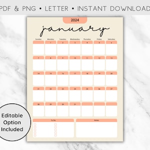 Editable January 2024 Calendar Printable, Preppy January 2024 Printable ...