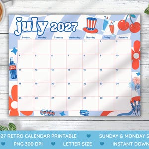 May include: A July 2027 calendar page featuring a light blue and white checkered background. The header displays the text July 2027 with illustrations of a top hat, drinks, cherries, a soda bottle, fireworks, and flowers in red, white, and blue.