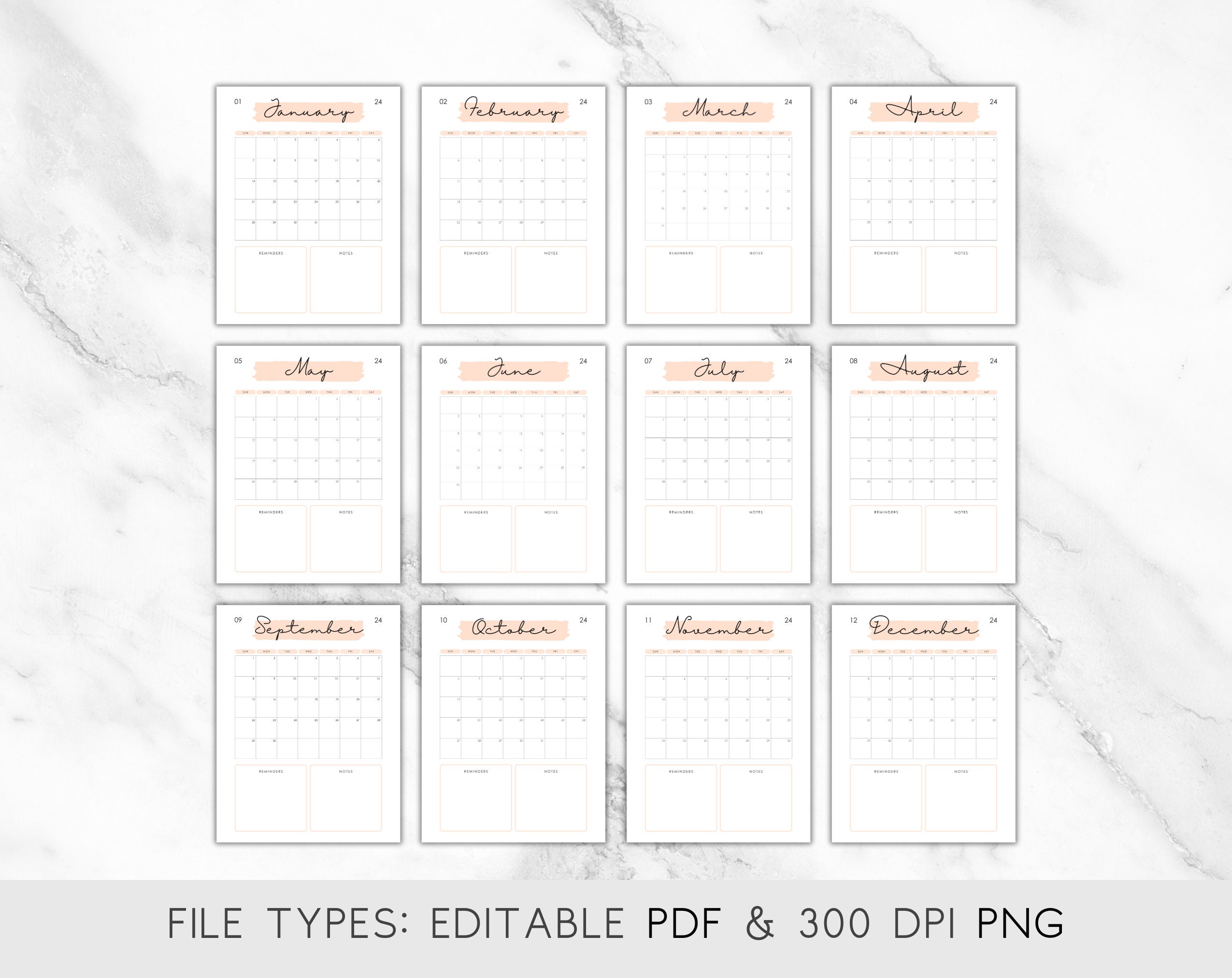 Editable 2024 Monthly Calendar Printable, Preppy 2024 Printable ...
