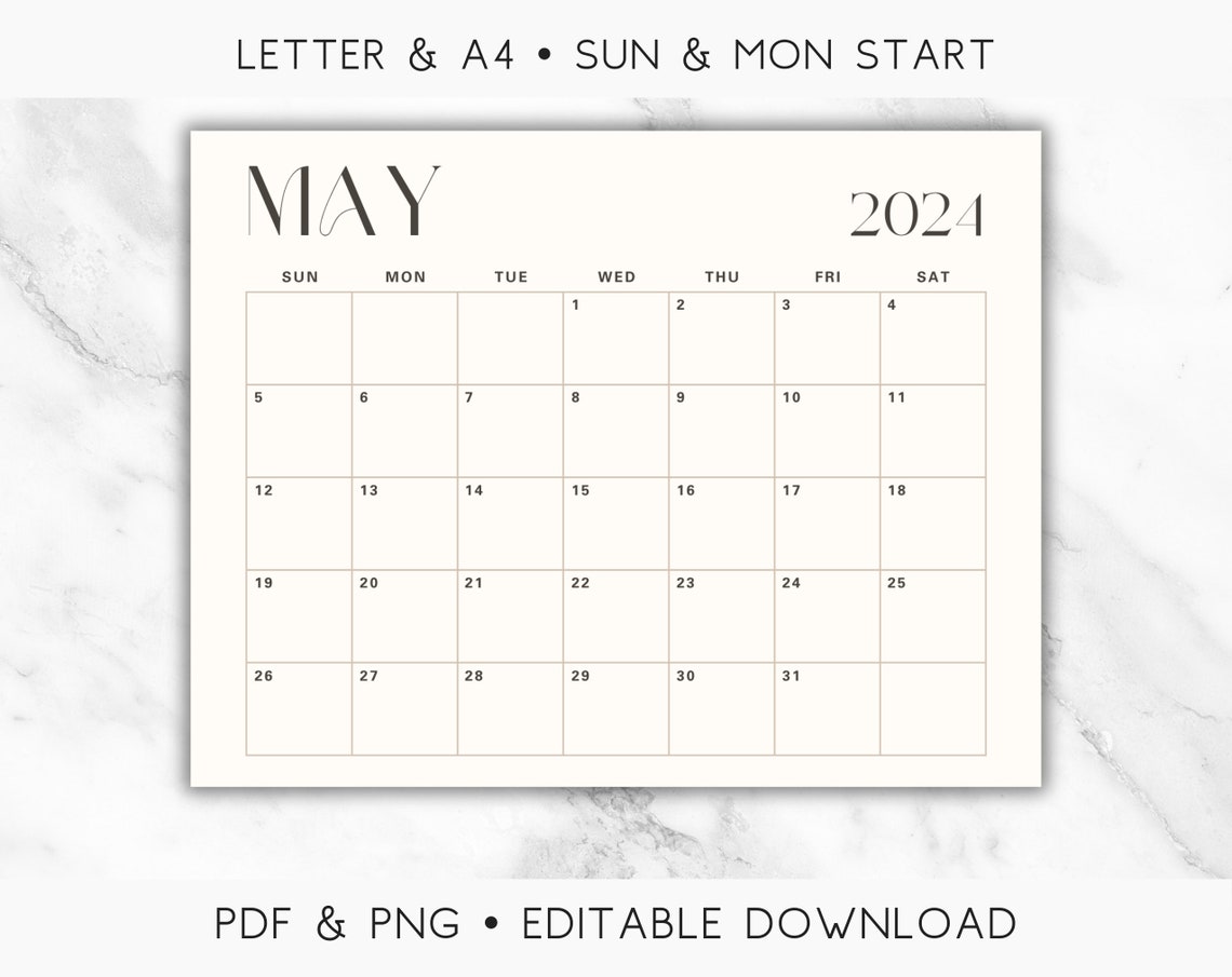 Editable May 2025 Calendar Printable, Simple Modern May 2025 Printable
