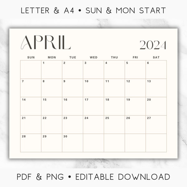 Editable April 2024 Calendar Printable, Simple Modern April 2024 Printable Calendar, Letter,Landscape,Horizontal,Sunday start, Chic, Neutral