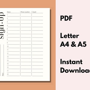 Sign Up Sheet Minimalist, Printable Sign Up Sheet, Event Sign In Sheet, Business Sign In Sheet, PDF, Letter, A4, A5, Letter Sign In Sheet