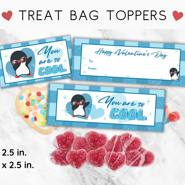 Printable Penguin Valentine's Bag Topper, Valentine's Bag Toppers Printable,  Cookie Bag Toppers, Treat Bag Toppers, Instant Download