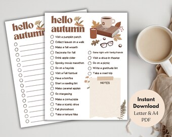May include: A printable checklist with the text "hello autumn" at the top. The checklist includes activities to do in the fall, such as visiting a pumpkin patch, collecting leaves, making a fall wreath, and going on a hayride. The checklist also includes a section for notes.