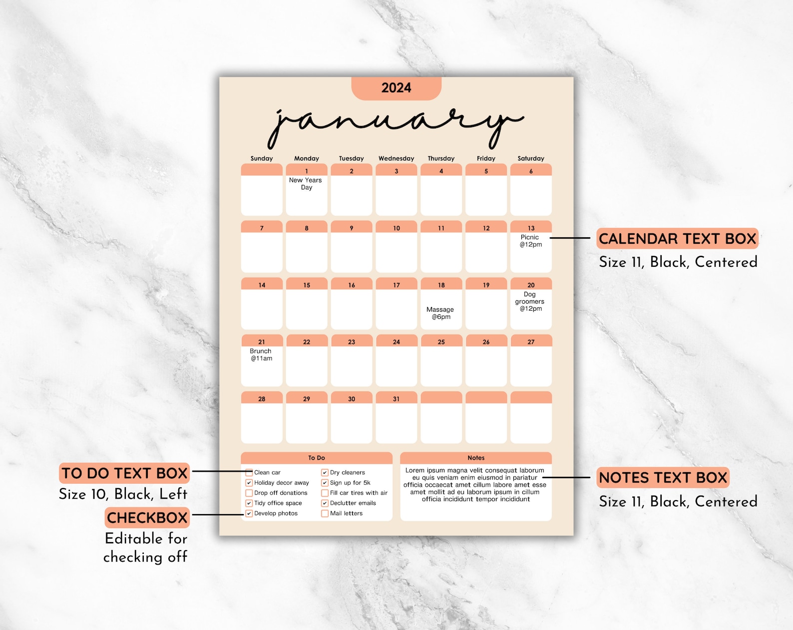 Editable January 2025 Calendar Printable, Preppy January 2025 Printable