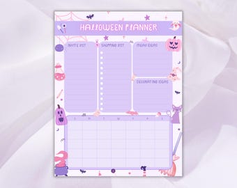 May include: A printable Halloween planner with a purple background and cute illustrations of pumpkins, bats, cats, and witches. The planner includes sections for an invite list, shopping list, meal ideas, decorating ideas, and a calendar.