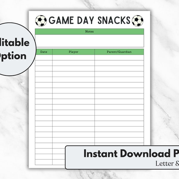 Editable Soccer Snack Sign Up Sheet, Game Day Snacks Sign Up Sheet, Snack Schedule, Sign Up Sheet, Letter, A4, Instant Download, Football