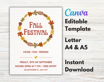 Editable Fall Festival Flyer, Minimalist Fall Festival Flyer, Canva Fall Festival Flyer, Letter, A4, A5, Community, Church, Company, School