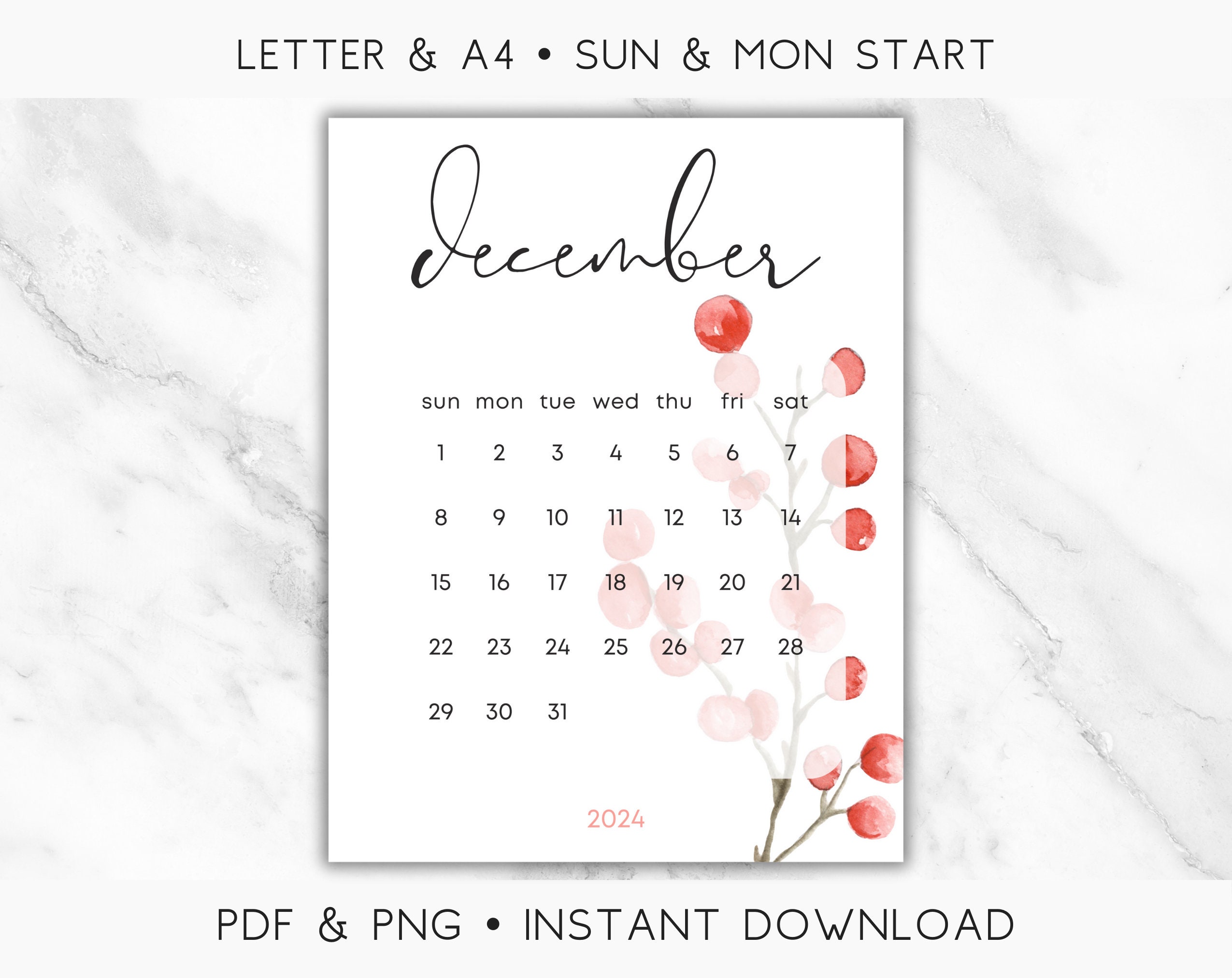 Floral December 2024 Calendar Printable, Watercolor Flowers December 2024 Printable Calendar