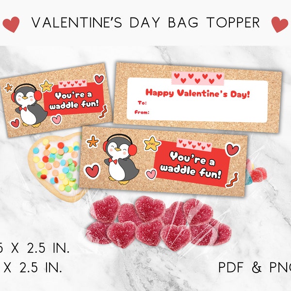 Printable Penguin Valentine's Bag Topper, Valentine's Bag Toppers Printable,  Cookie Bag Toppers, Treat Bag Toppers, Instant Download