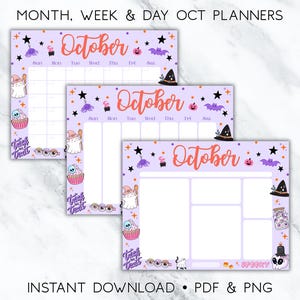Op de afbeelding: Drie Halloween-thema oktoberplanners met een lichtpaarse achtergrond. Elke planner heeft het woord "October" in oranje, samen met vleermuizen, sterren en heksenhoeden. De tekst "MONTH, WEEK & DAY OCT PLANNERS" staat bovenaan.