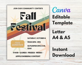 Editable Fall Festival Flyer, Retro Fall Festival Flyer, Canva Fall Festival Flyer, Letter, A4, A5, Community, Church,Company, School Autumn