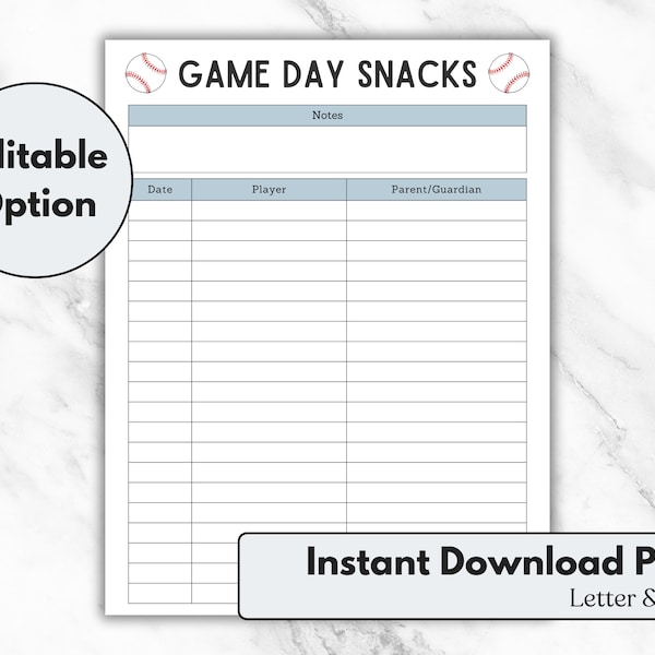Editable Baseball Snack Sign Up Sheet, Game Day Snack Sign Up Sheet, Baseball Snack Schedule, Sign Up Sheet, Letter, A4, Instant Download
