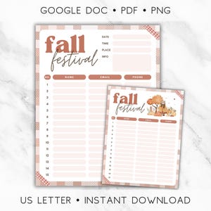 May include: Printable checklist for a fall festival with a cute illustration of a girl in a brown coat and a pumpkin. The checklist includes sections for date, time, place, info, name, email, and phone.