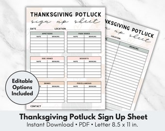 Editable Thanksgiving Potluck Sign Up Sheet, Printable Thanksgiving Potluck Sign Up Sheet, Letter, Thanksgiving Potluck Sign Up