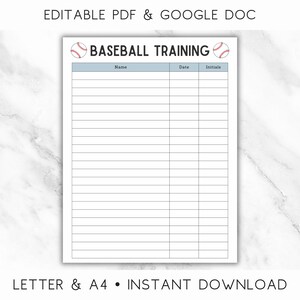 Könnte beinhalten: Ein Baseball-Trainingsprotokoll mit dem Text "BASEBALL TRAINING" oben, mit Baseball-Grafiken. Das Protokoll enthält Abschnitte für Name, Datum und Initialen mit linierten Feldern zur Aufzeichnung von Informationen. Das Dokument ist editierbar und als PDF und Google Doc verfügbar.
