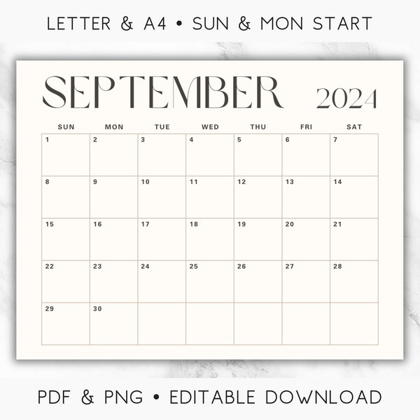 Calendrier de septembre 2024 modifiable, imprimable, simple moderne, calendrier imprimable de septembre 2024, lettre, paysage, horizontal, début du dimanche, chic