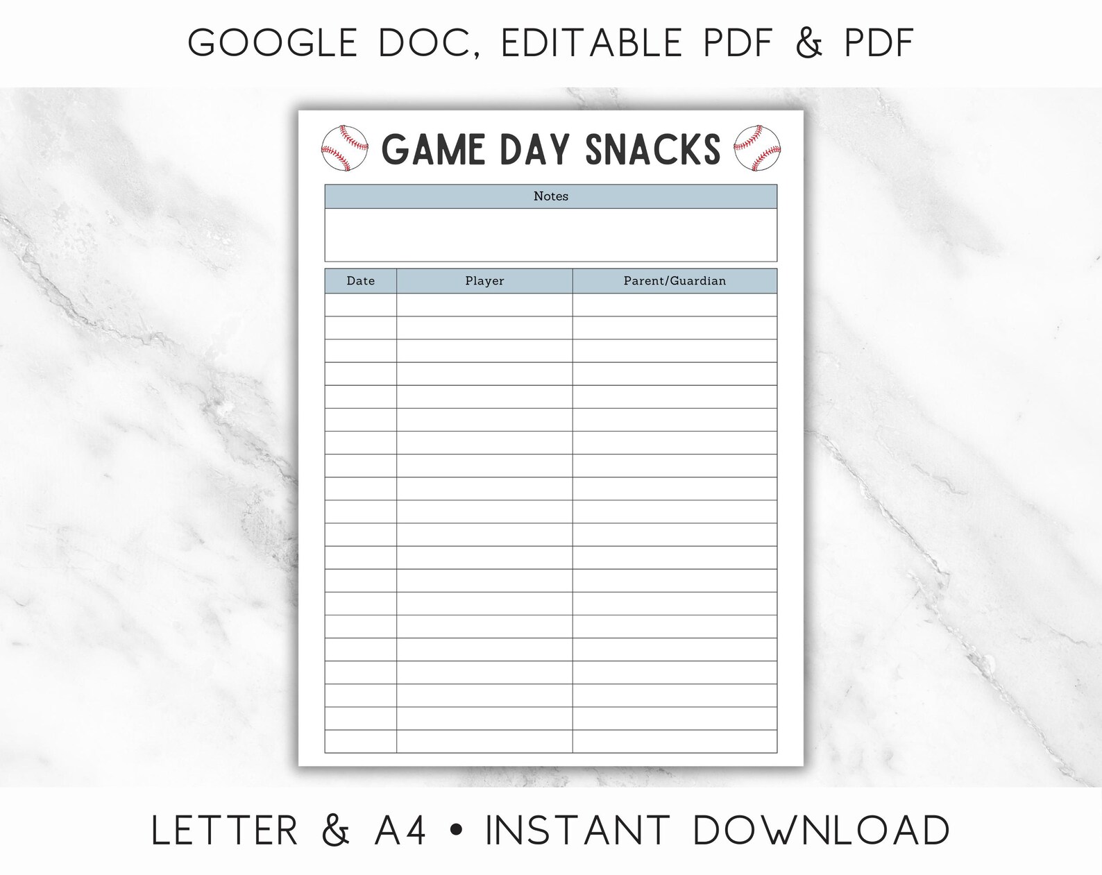 Editable Baseball Snack Sign up Sheet, Editable PDF &amp; Google Doc, Game ...