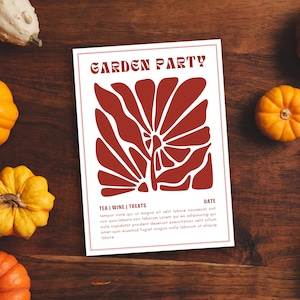 Invitación botánica vintage editable - Rojo, Invitación minimalista, Plantilla Canva, 5x7, Carta, A4, A5, Fiesta en el jardín, Brunch, Cena, Otoño