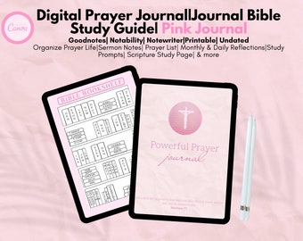 Könnte beinhalten: Zwei digitale Planer auf rosa Hintergrund. Der Planer links hat ein Raster mit Büchern der Bibel. Der Planer rechts hat ein rosa Kreuz und den Text "Powerful Prayer journal".