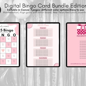 Plantilla digital de tarjeta de bingo 2025 Paquete / Bingo de manifestación / Tarjeta de bingo digital / Tarjeta de bingo de resolución de año nuevo / Bingo de metas / Incentivos