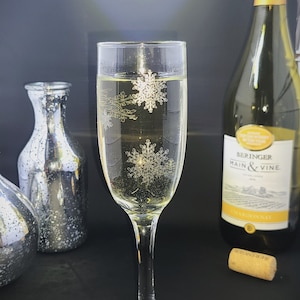 Champagne toasting flute/laser etched/snowflakes/holiday design