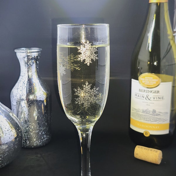 Champagne toasting flute/laser etched/snowflakes/holiday design