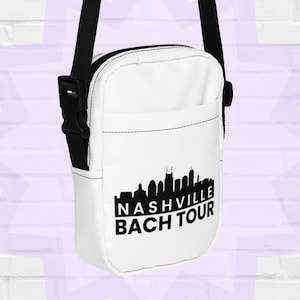 Bolso bandolera Nashville Back Tour, Music City Skyline, Accesorio para despedida de soltera, Soporte para tarjeta y teléfono, Fiesta de Bach, Blanco y negro