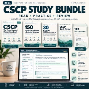 May include: A 2026 CSCP study bundle featuring a master handbook, a 150-question practice exam, advanced cases, quick review notes, and 147 flashcards. A laptop displays an interactive exam interface, and a white mug with text sits nearby.