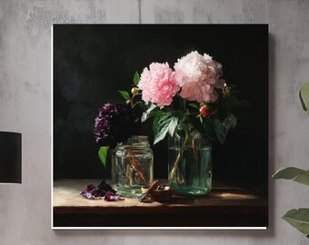 Vintage blommig stilleben oljemålning – rosa pioner i burk, elegant klassisk blomsterkonstposter, canvas eller inramad väggdekor