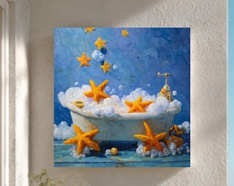 Stars in Bathtub Oil Painting, Sea-Themed Art with Starfish & Bubbles, Surreal Vintage Impasto Wall Art Poster Canvas