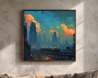 Post-apocalyptische stadskunst: sci-fi cyberpunk skyline met neonlichten, zonsondergang, verlaten wolkenkrabbers, trein en futuristische canvasafdruk