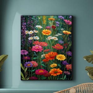 May include: A framed floral art print featuring a vibrant field of colorful flowers in shades of pink, orange, yellow, and purple. The artwork is displayed on a teal wall, with a woven chair and side table in the foreground, creating a cozy, inviting atmosphere.