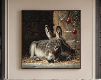 Cozy Christmas Donkey Wall Art – Sleeping Baby Donkey, Snowfall & Vintage Manger