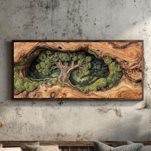 May include: A rectangular wooden wall art piece with a detailed relief of a tree within a natural wood frame. The artwork shows a central tree surrounded by green foliage, set against a light brown wood grain background.