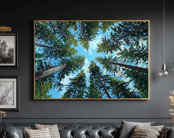 Tall Pine Trees Oil Painting, Upward Sky View Forest Landscape Wall Art, Horizontal Canvas or Framed Print, Nature Inspired Decor