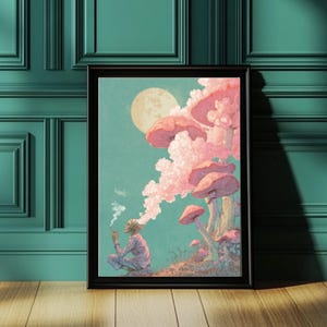 May include: A framed art print featuring a surreal scene with a figure smoking near large pink mushrooms under a full moon. The artwork has a teal background and a whimsical, dreamlike quality. The frame is black.