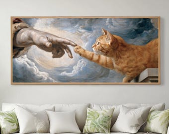 Orange Cat Meets God Canvas, Creation of Adam Parody, Renaissance Style Artwork, Epic Sistine Chapel Scene, Canvas or Framed Print