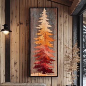 May include: A framed vertical artwork showing a stylized tree in shades of red, orange, and yellow. The art piece is set against a textured, wooden background, creating a warm, rustic aesthetic. The room features wooden paneling and a bench.