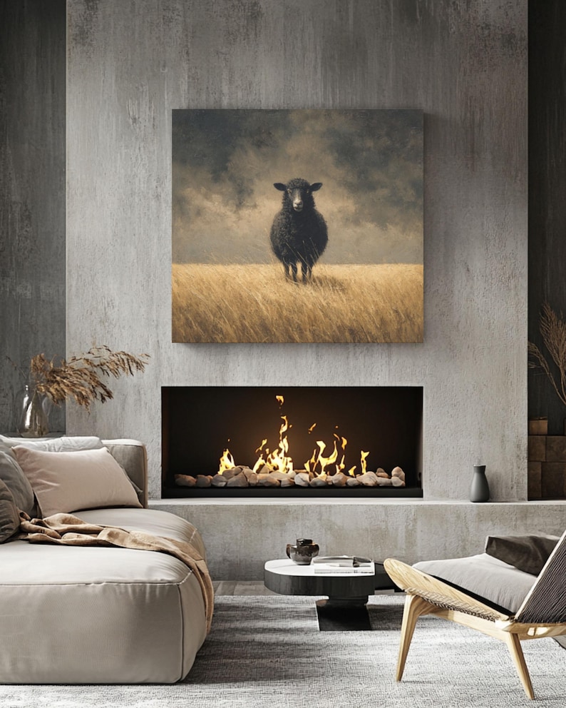 K&ouml;nnte beinhalten: Ein gerahmter Leinwanddruck eines schwarzen Schafs, das in einem Feld aus hohem, trockenem Gras unter einem bew&ouml;lkten Himmel steht. Das Kunstwerk h&auml;ngt &uuml;ber einem modernen Kamin mit einem gl&uuml;henden Feuer und dekorativen Steinen. Der Raum ist mit M&ouml;beln in neutralen T&ouml;nen ausgestattet.