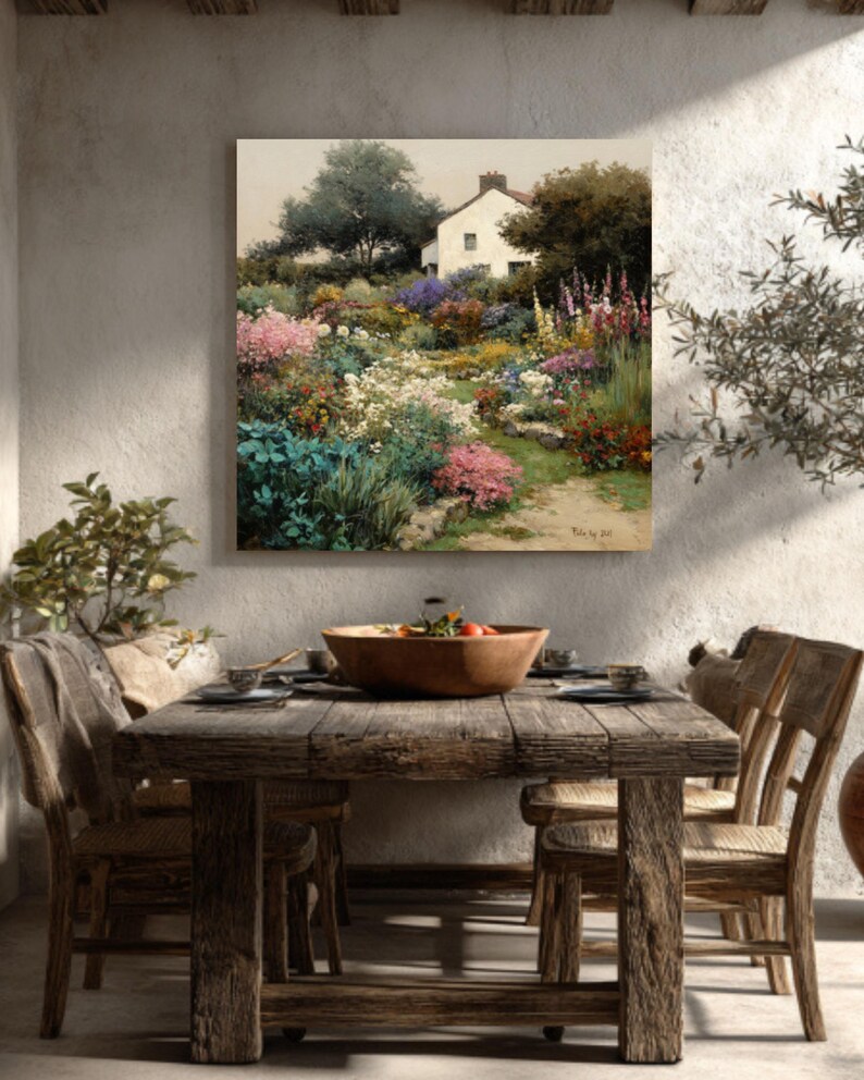 Vintage English Cottage Garden Oil Painting Wall Art, Muted Floral ...