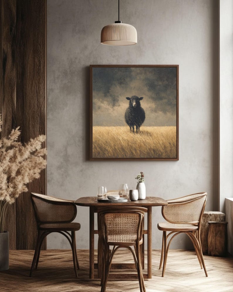 K&ouml;nnte beinhalten: Ein gerahmtes Kunstwerk zeigt ein schwarzes Schaf, das in einem Feld aus hohem, goldenem Gras unter einem st&uuml;rmischen Himmel steht. Das Kunstwerk h&auml;ngt &uuml;ber einem Holzesstisch mit Korbst&uuml;hlen und schafft ein rustikales und gem&uuml;tliches Interieur.