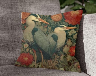 Sierkussen reigers in William Morris-stijl – vintage botanisch kussen