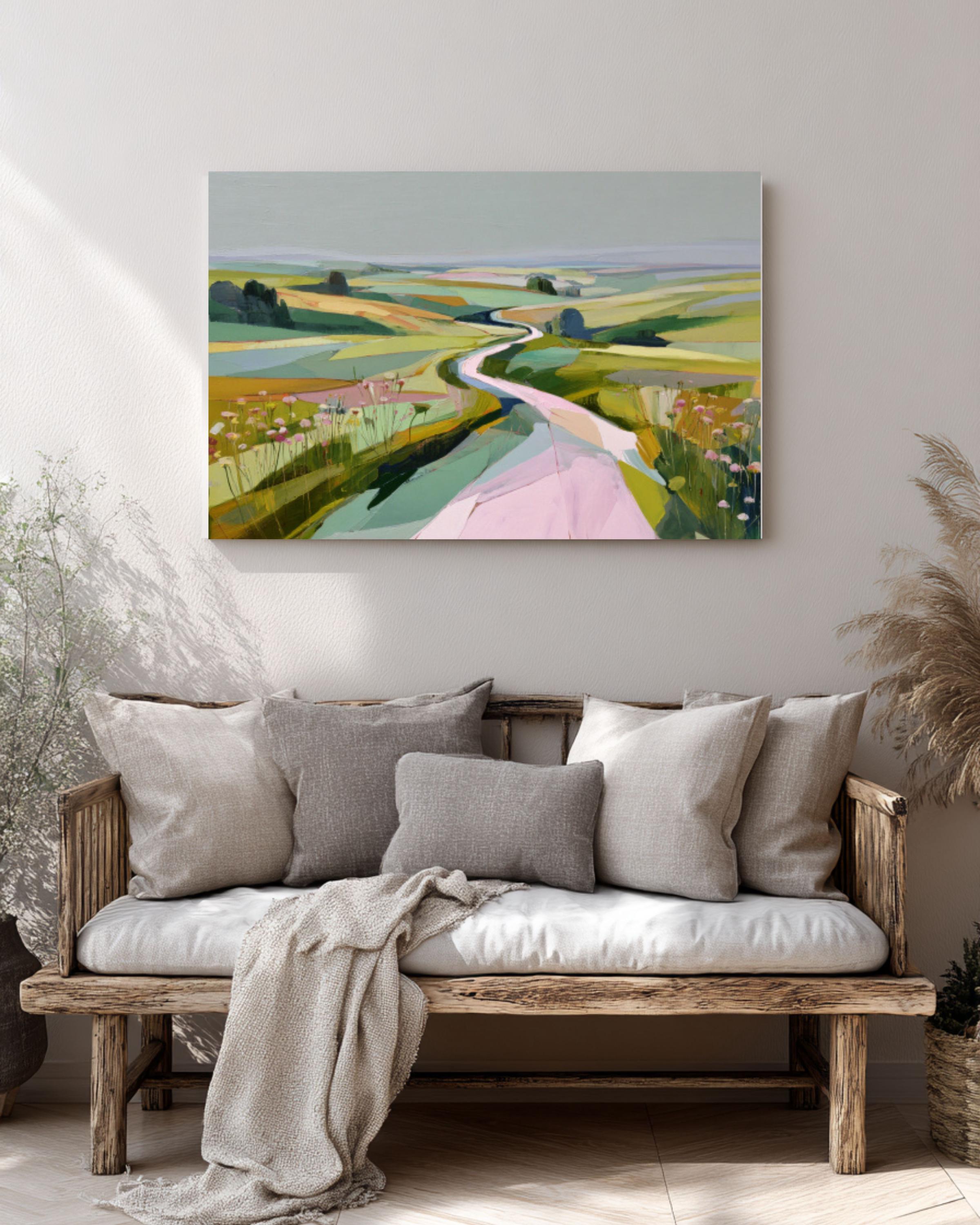 English Countryside Abstract Painting, Soft Pink & Green Landscape Art ...