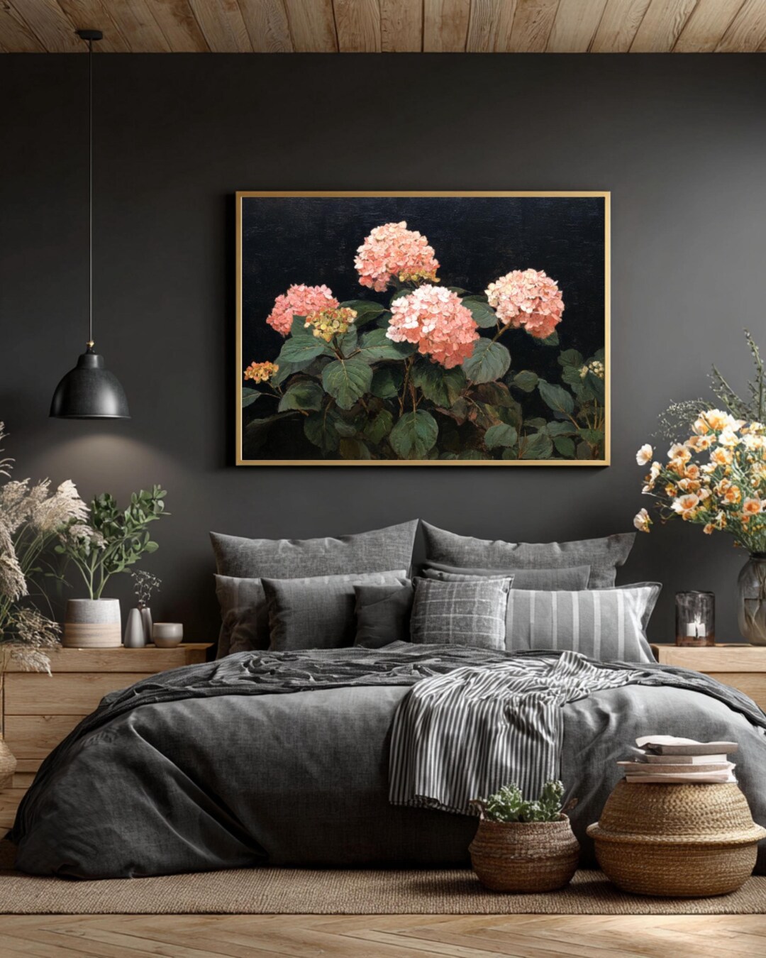 Vintage Hydrangea Oil Painting, Dark Moody Floral Wall Art, Pale Pink ...