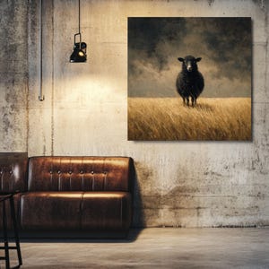K&ouml;nnte beinhalten: Leinwanddruck mit einem schwarzen Schaf, das in einem Feld aus goldenem Gras unter einem dramatischen, bew&ouml;lkten Himmel steht. Das Kunstwerk h&auml;ngt an einer Betonwand &uuml;ber einem braunen Ledersofa und schafft eine rustikale und moderne &Auml;sthetik.