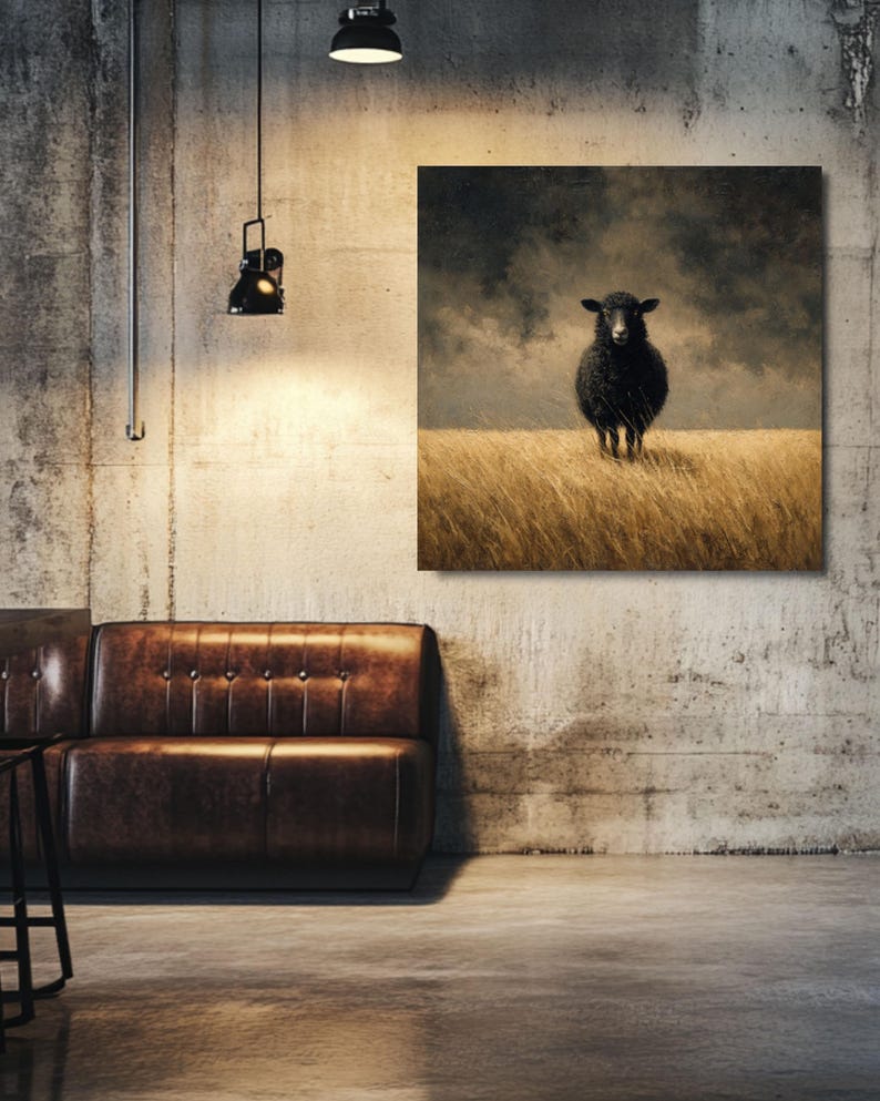 K&ouml;nnte beinhalten: Leinwanddruck mit einem schwarzen Schaf, das in einem Feld aus goldenem Gras unter einem dramatischen, bew&ouml;lkten Himmel steht. Das Kunstwerk h&auml;ngt an einer Betonwand &uuml;ber einem braunen Ledersofa und schafft eine rustikale und moderne &Auml;sthetik.