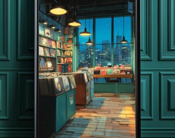 May include: A framed print of a record store interior. The store features rows of vinyl records, wooden floors, and a cityscape visible through a large window. Overhead, several pendant lights illuminate the space. The color palette includes teal, brown, and yellow.